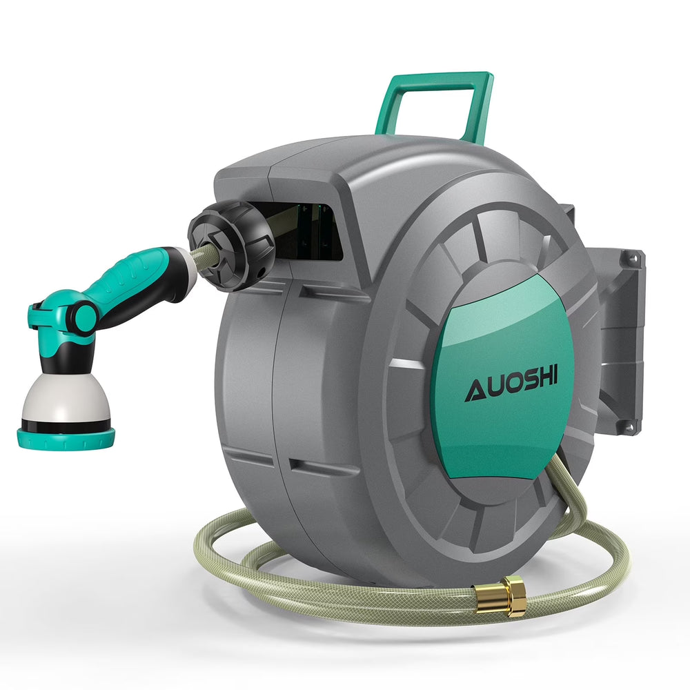 AUOSHI Retractable Garden Hose Reel 1/2" 100ft Automatic Hose Reel with 10 Function Sprayer Nozzle Wall Mount 180 Deg Swivel Bracket Hose Reel with Any Length Lock Slow Return System