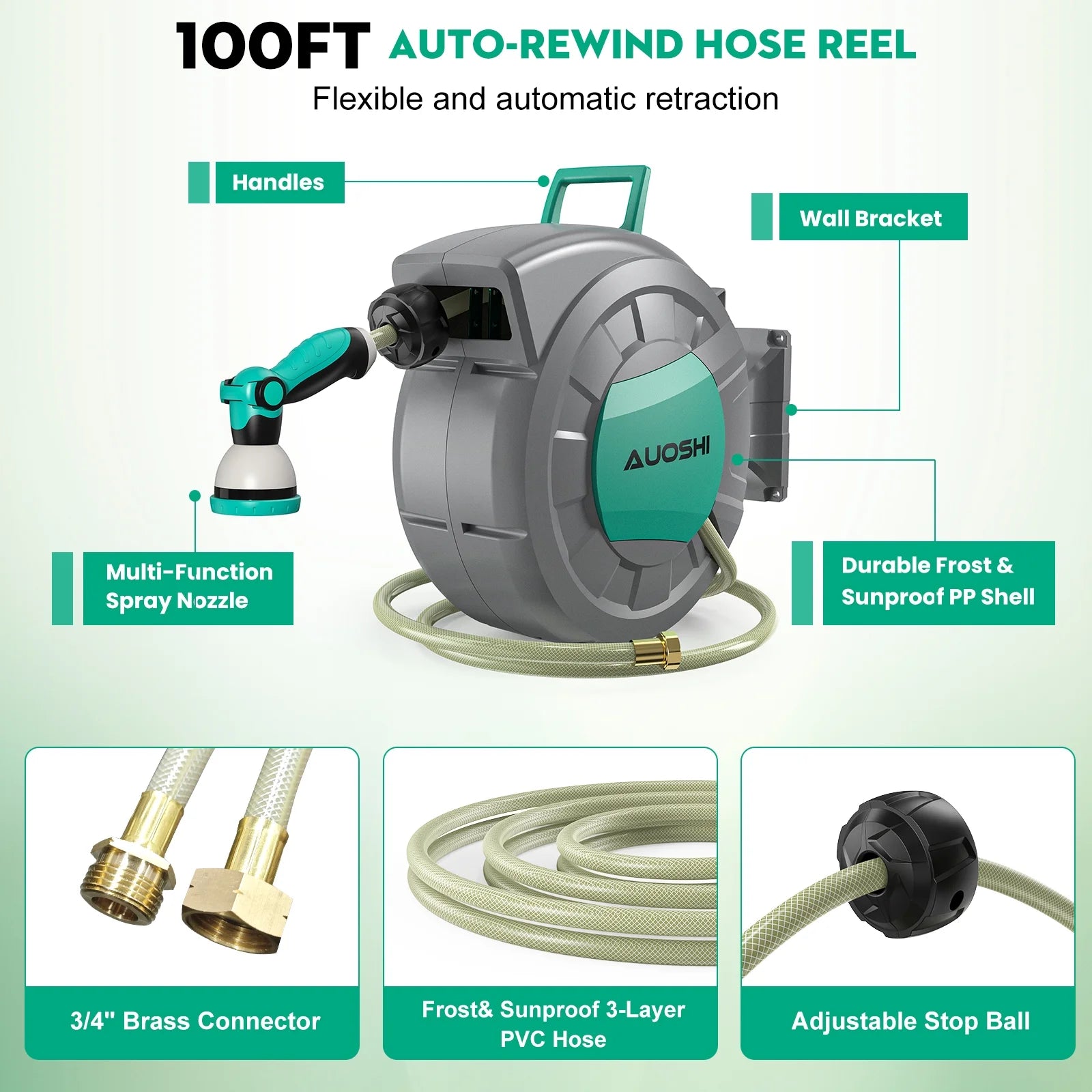 AUOSHI Retractable Garden Hose Reel 1/2" 100ft Automatic Hose Reel with 10 Function Sprayer Nozzle Wall Mount 180 Deg Swivel Bracket Hose Reel with Any Length Lock Slow Return System