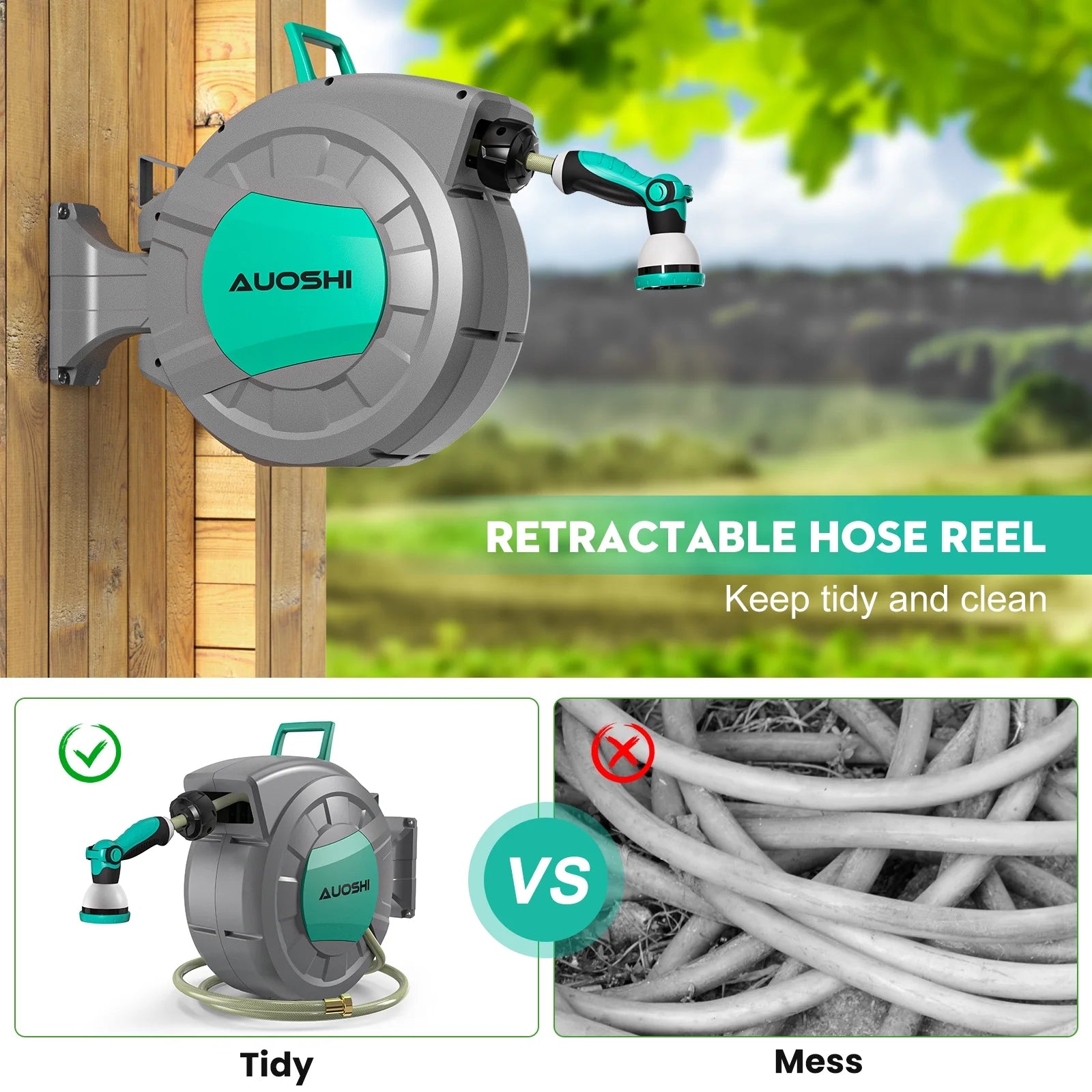 AUOSHI Retractable Garden Hose Reel 1/2" 100ft Automatic Hose Reel with 10 Function Sprayer Nozzle Wall Mount 180 Deg Swivel Bracket Hose Reel with Any Length Lock Slow Return System