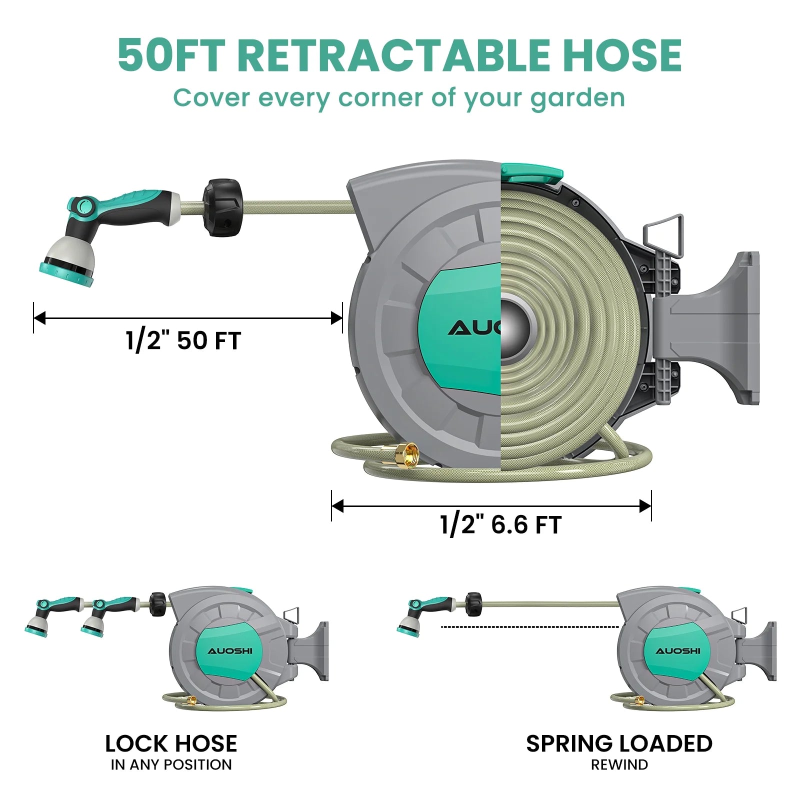 AUOSHI Retractable Garden Hose Reel 1/2" 100ft Automatic Hose Reel with 10 Function Sprayer Nozzle Wall Mount 180 Deg Swivel Bracket Hose Reel with Any Length Lock Slow Return System