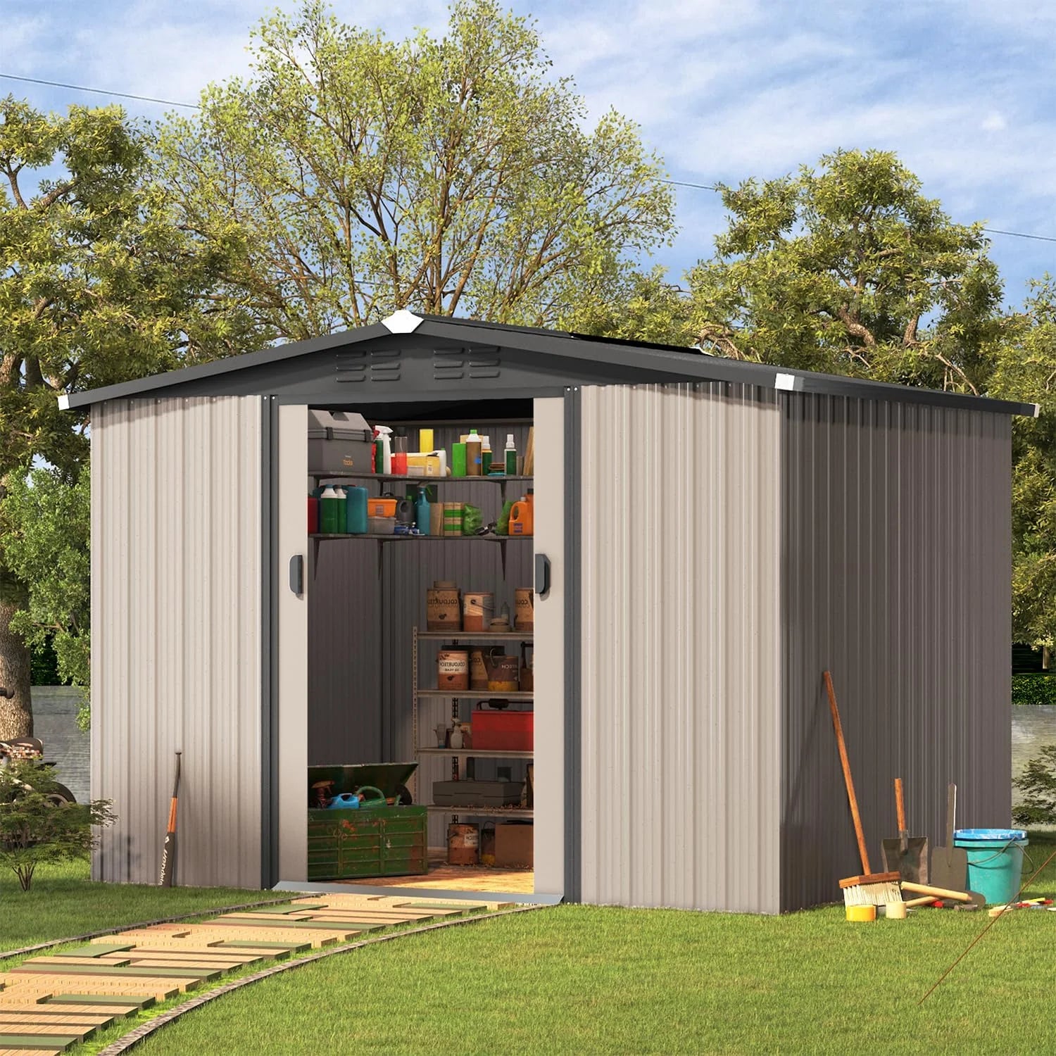 U - MAX 8 x 6 Ft. Wood Grain Outdoor Metal Storage Shed with Lockable Door Patio Garden Storage Building for Outside