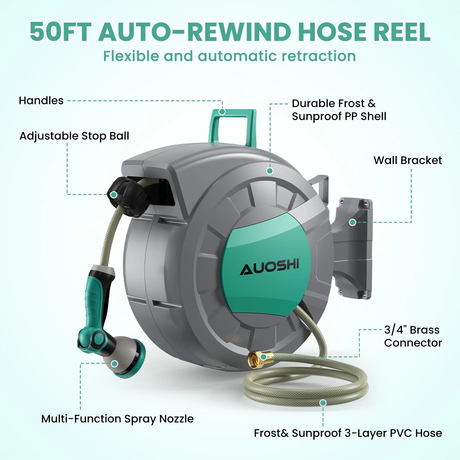 AUOSHI Retractable Garden Hose Reel 1/2" 100ft Automatic Hose Reel with 10 Function Sprayer Nozzle Wall Mount 180 Deg Swivel Bracket Hose Reel with Any Length Lock Slow Return System