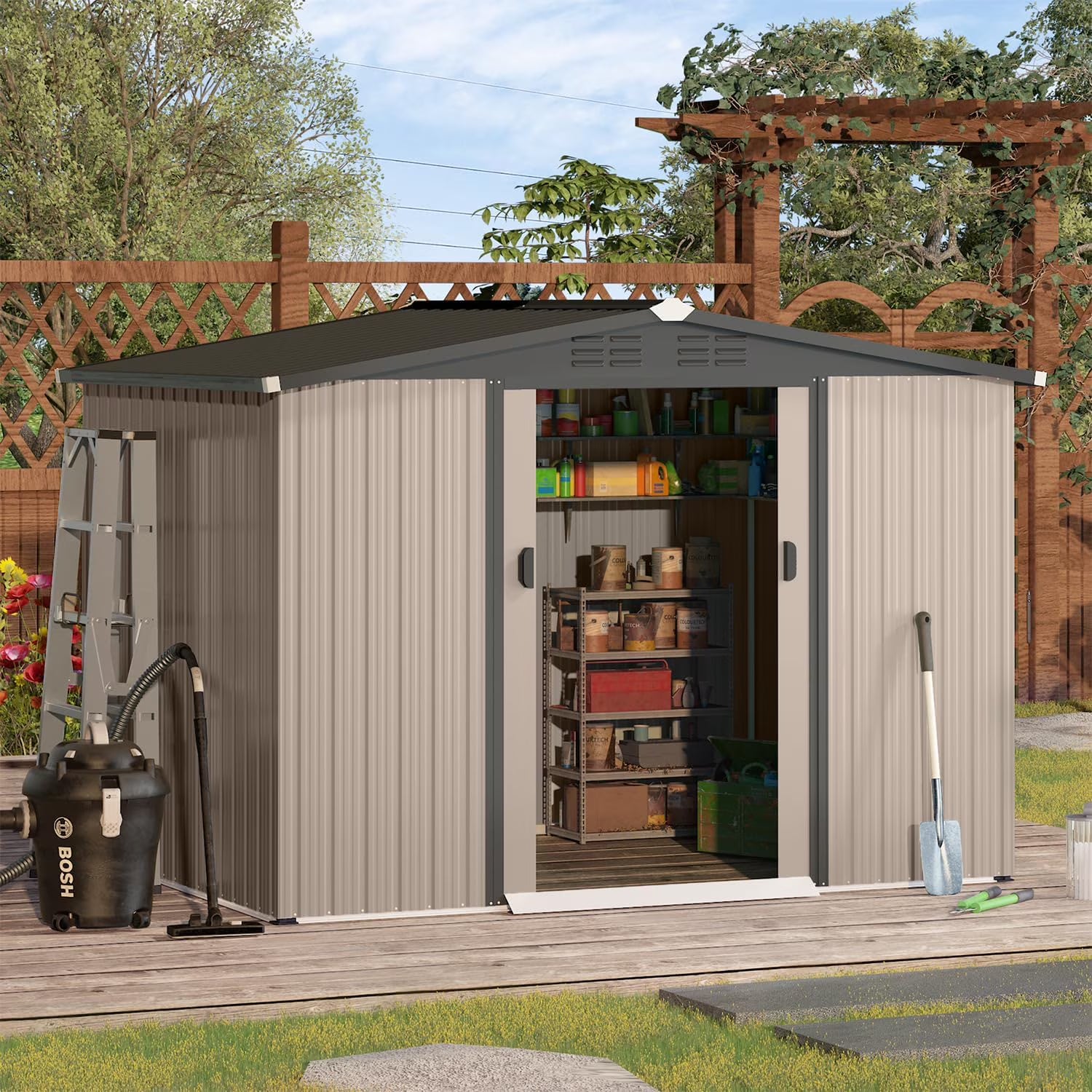 U - MAX 8 x 6 Ft. Wood Grain Outdoor Metal Storage Shed with Lockable Door Patio Garden Storage Building for Outside