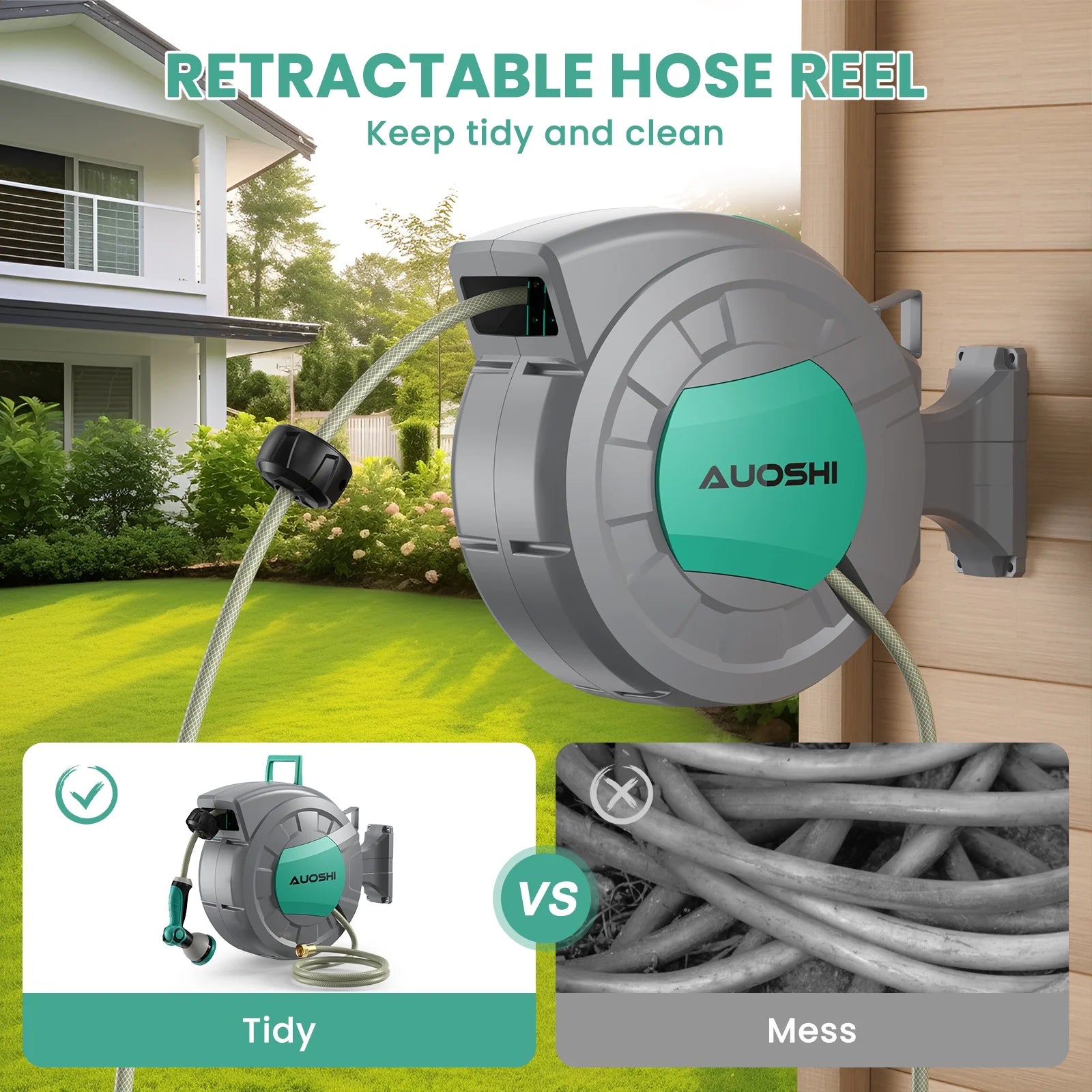 AUOSHI Retractable Garden Hose Reel 1/2" 100ft Automatic Hose Reel with 10 Function Sprayer Nozzle Wall Mount 180 Deg Swivel Bracket Hose Reel with Any Length Lock Slow Return System