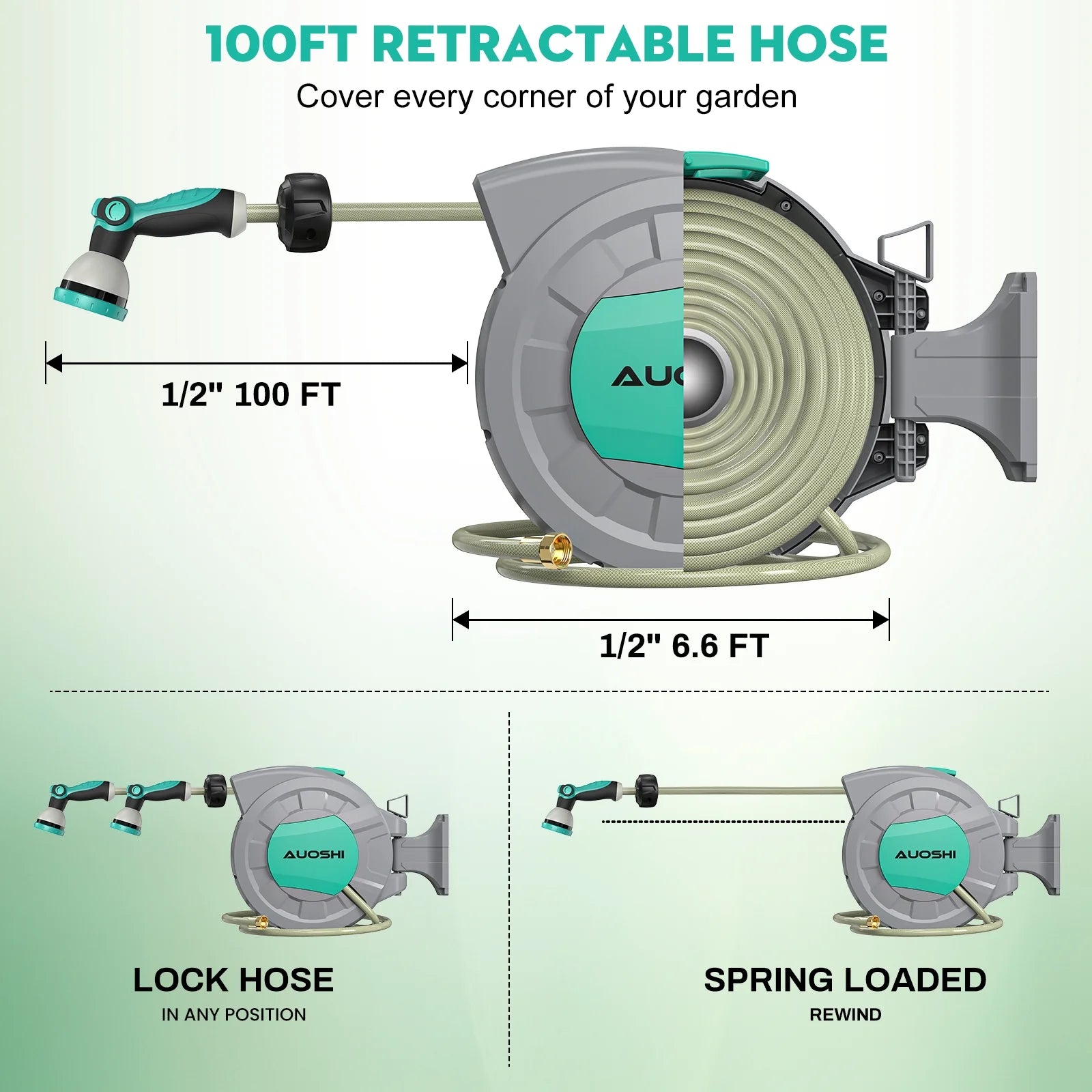 AUOSHI Retractable Garden Hose Reel 1/2" 100ft Automatic Hose Reel with 10 Function Sprayer Nozzle Wall Mount 180 Deg Swivel Bracket Hose Reel with Any Length Lock Slow Return System