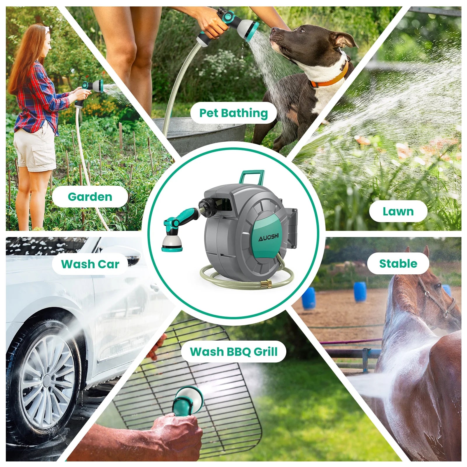 AUOSHI Retractable Garden Hose Reel 1/2" 100ft Automatic Hose Reel with 10 Function Sprayer Nozzle Wall Mount 180 Deg Swivel Bracket Hose Reel with Any Length Lock Slow Return System