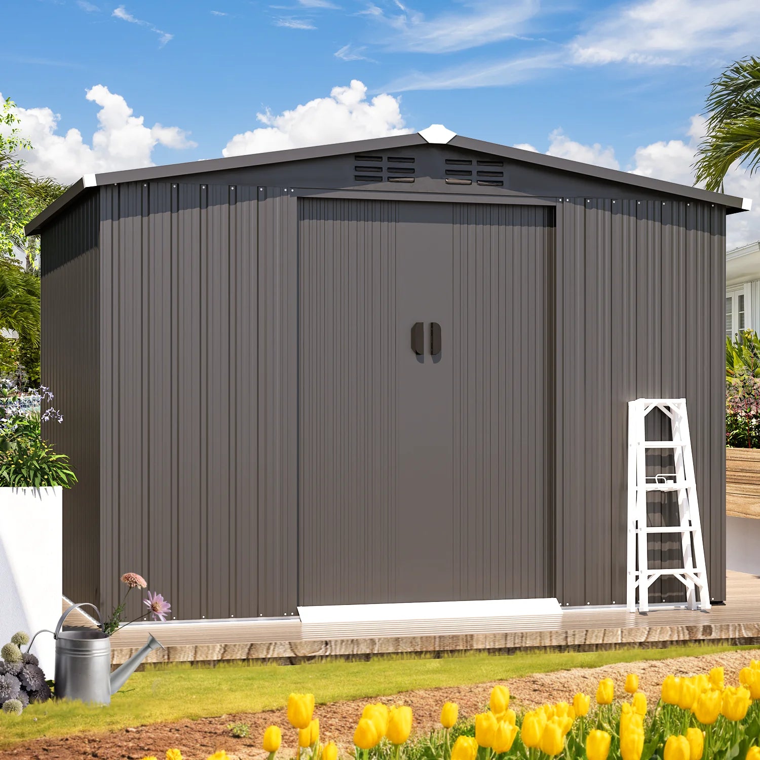U - MAX 8 x 6 Ft. Wood Grain Outdoor Metal Storage Shed with Lockable Door Patio Garden Storage Building for Outside