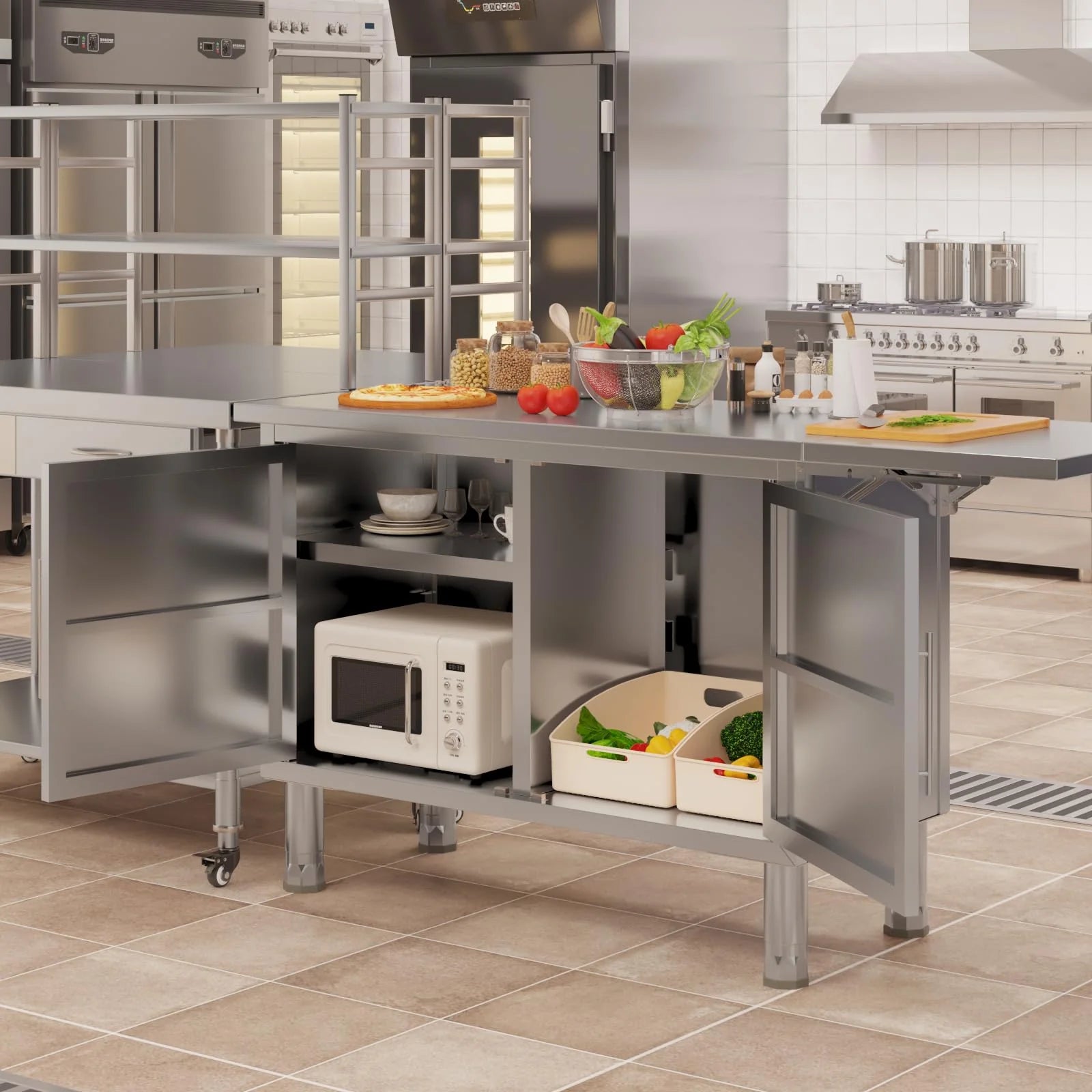 AECOJOY Stainless Steel Kitchen Cabinets, 57"x19.7" Commercial Worktable with Extend Panel & Adjustable Shelf