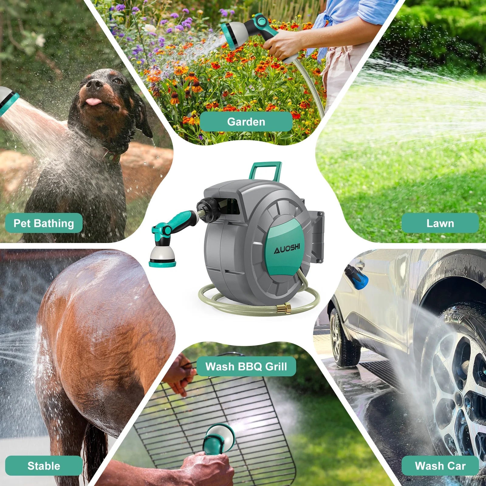 AUOSHI Retractable Garden Hose Reel 1/2" 100ft Automatic Hose Reel with 10 Function Sprayer Nozzle Wall Mount 180 Deg Swivel Bracket Hose Reel with Any Length Lock Slow Return System